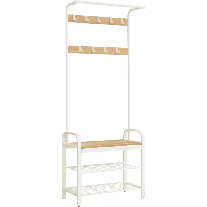 Perchero con Banco Recibidor, 4 en 1, 9 Ganchos Extraíbles, Barra Superior, para Entrada Pasillo, 33,7 x 72 x 183 cm, Moderno, Roble y Blanco HSR40W - 1