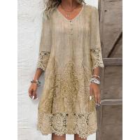2024 nuevas mujeres Primavera Verano Color sólido Sexy hueco moda encaje impreso Casual cinco mangas hasta la rodilla vestido - details 3