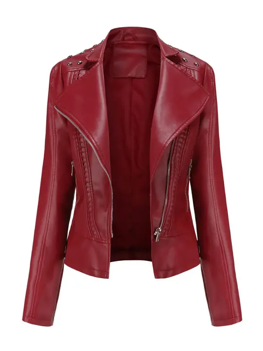 Chaqueta de motociclista de cuero PU para mujer, abrigo ajustado con remaches Punk - 1
