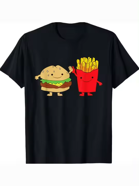 Camiseta Suave y Cómoda con Cuello Redondo y Manga Corta Estilo Hamburger y Frituras - 1