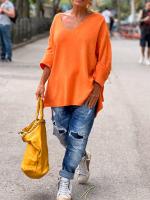 Suéter De Punto Con Cuello En V Y Manga Larga Para Mujer Estilo Casual Suéter Sobredimensionado Con Bajo Extensión Poliéster Sin Cierre - details 2