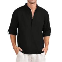 Camiseta de manga larga de lino para hombre, Tops sueltos de Color sólido, camisa de lino de algodón transpirable informal, primavera y verano - details 1