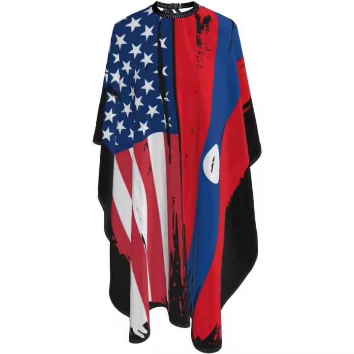 Capa de peluquero con bandera de EE. UU. Laos - Capa de corte de pelo impermeable para peluquería profesional con cierre a presión ajustable - Delantal de corte de pelo para estilista y uso doméstico - 55''X66'' - 1