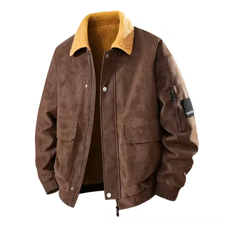 Chaqueta de Cuero para Hombre, Estilo Retro, Forro Polar Sólido, Abrigo Cálido, Nuevo, Cómodo, Informal, con Solapa, Parka de Invierno, Moda Sencilla, Gruesa - 1