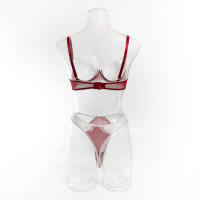 Conjunto de lencería sexy en contraste blanco y negro de 2 piezas translúcido con bordado de lazo de corazón, sujetador y braga para mujer - details 25