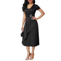 BUNO-Vestido de fiesta de cóctel para mujer, vestido informal con cuello en V, manga corta, cintura con cordones, asimétrico, dobladillo ancho, vestido de fiesta de noche - details 5
