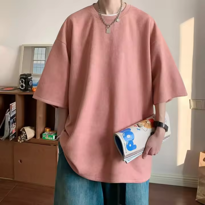 Camiseta de manga corta de gamuza pesada para hombre, camiseta informal holgada de talla grande con manga de cinco cuartos, ropa cómoda de verano para hombre - 1