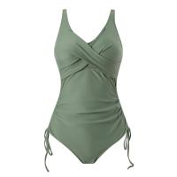Bañador de una pieza con cuello en V para mujer, traje de baño, Monokini de Color liso con cordón, diseño plisado para surfear - details 2