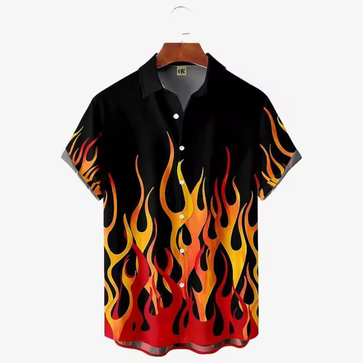 Camisas Hombres, Vintage 3D Moda Red Flame Hawaiian Summer, Camisa de manga corta de gran tamaño para hombres 2023 - 1