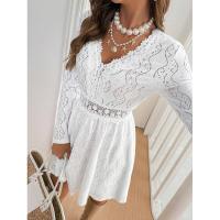 Mini vestido de vacaciones con encaje de color sólido para mujer elegante con vestido de sol festoneado - details 5
