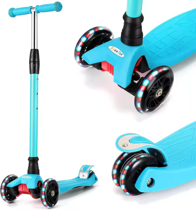 Patinete de Tres 3 Ruedas,Patinete de 3 Ruedas Scooter con Led Luces Manillar Altura Ajustable 67-80cm con Freno Posterior para Niños - 1