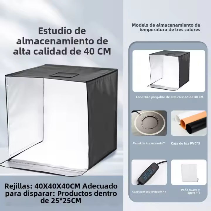 Estudio Fotográfico LED Portátil 40x40cm, 3 Fondos, Iluminación Profesional Ajustable 5600K, Diffusor Suave, Trípode Blanco/Negro - 1