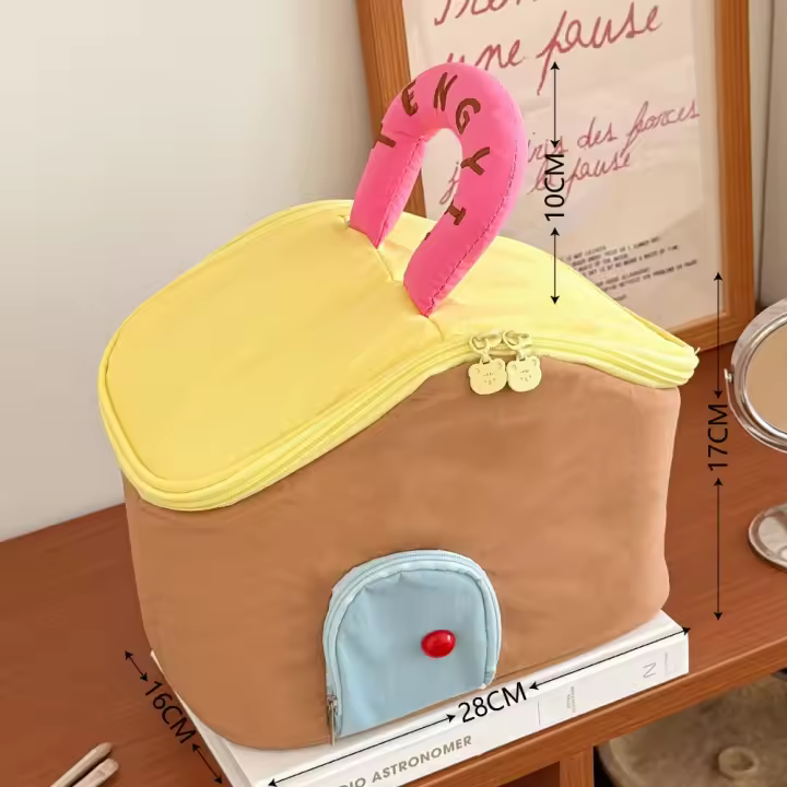 Bolsa de maquillaje de mano impermeable, bolsa de cosméticos multifuncional de nailon con forma de casa, bolsa de almacenamiento para el cuidado de la piel con dibujos animados de gran capacidad - 1