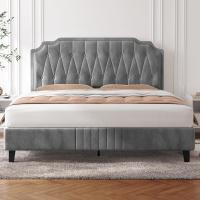 Marco de cama con cabecera tapizada, altura ajustable, soporte de láminas de madera y patas metálicas, color gris oscuro. - details 18
