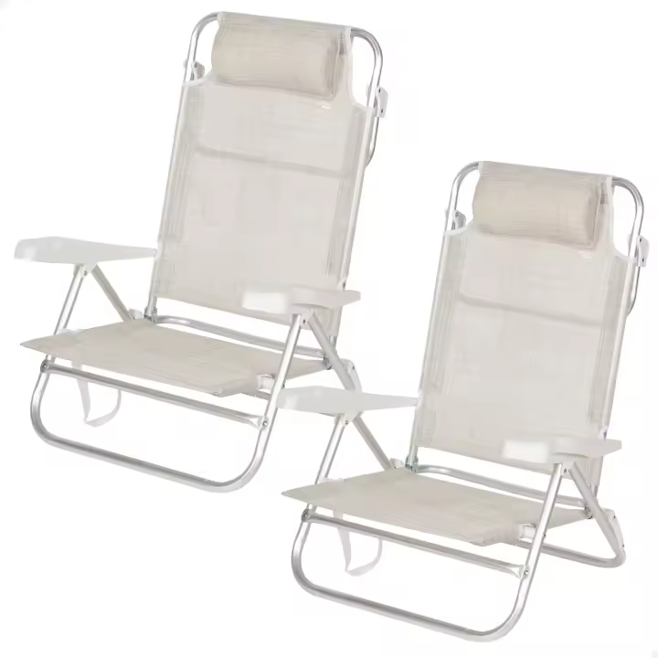Pack de 2 sillas de playa plegables, con respaldo reclinable 7 posiciones, convertibles en tumbona, tamaño 47x49x82 cm, de aluminio y textileno, con cojín acolchado y asas de mano para transportar, estructura plegable, máx. 110 kg, multiposición - 1