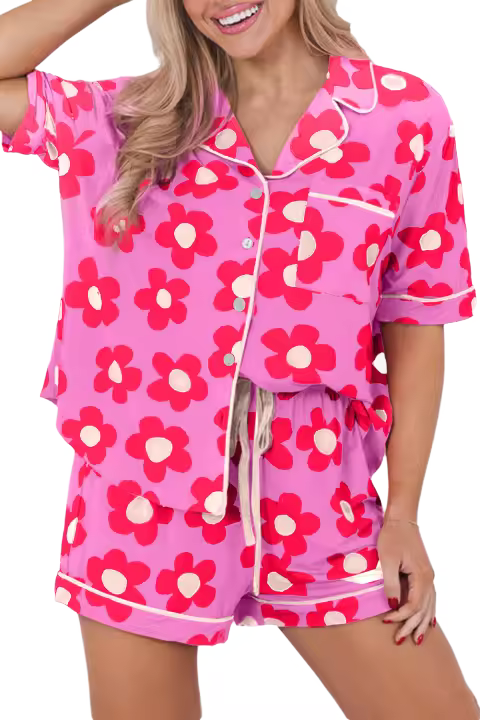 Elrachen Conjunto de pijama de manga corta con estampado floral para mujer, rosa, tallas S-2XL - 1