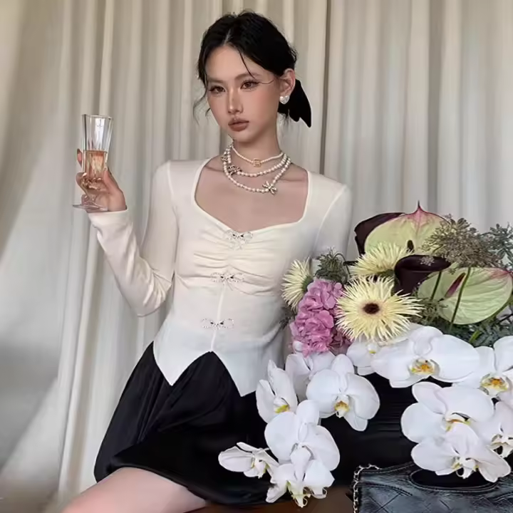 Suéter ea de manga larga tejido con lazo Fren para mujer, ajuste ajustado iluminado, top fashiona - 1