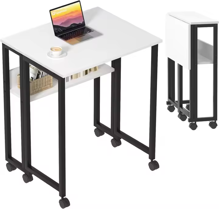 Escritorio Plegable con Estante de Almacenamiento y Ruedas,Mesa para el Ordenador, fácil de Montar y Ahorro de Espacio para Officina,Negro - 1