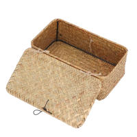 Cesta de estante de almacenamiento hecha a mano con tapa, organizador de maquillaje tejido de ratán Rectangular, contenedor multiusos, caja Natural - details 3