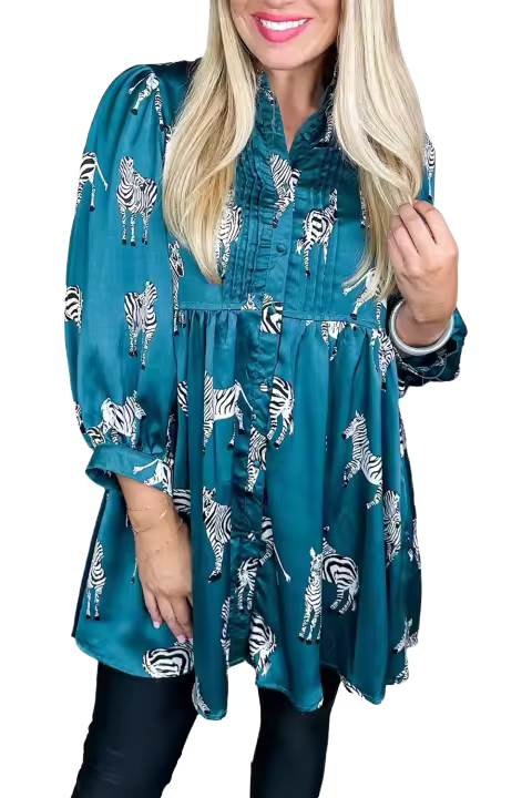 Elrachen Vestido tipo túnica con camisa plisada y estampado de cebra para mujer, estampado azul, tallas S-XL - 1