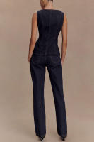 Conjunto de pantalones y top de mezclilla con cintura con botones de estilo moderno a la moda para mujer 30857 - details 5
