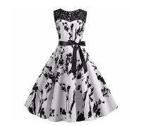 Lace patchwork summer women a line elegant vintage party dress with belt - details 35