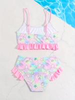 Conjunto de bikini de concha rosa para niñas, traje de baño informal con tirantes de espagueti y detalles de volantes, tejido de punto elástico de estiramiento medio, poliéster y elastano, para edades de 8 a 12 años, ideal para vacaciones en la playa y - details 1