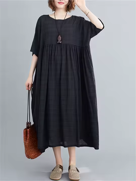 Elegante Vestido Negro de Algodón Vintage Manga Corta, Color Sólido, Moda Casual para Mujeres verano 2025 - 1