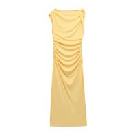 TRAFZA 2025, vestidos largos elegantes de verano para mujer, vestidos amarillos con cuello redondo y pliegues decorados con cremallera, vestido sin mangas con abertura a la moda para mujer - details 1
