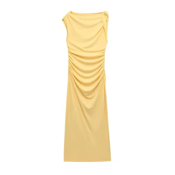 TRAFZA 2025, vestidos largos elegantes de verano para mujer, vestidos amarillos con cuello redondo y pliegues decorados con cremallera, vestido sin mangas con abertura a la moda para mujer - 1