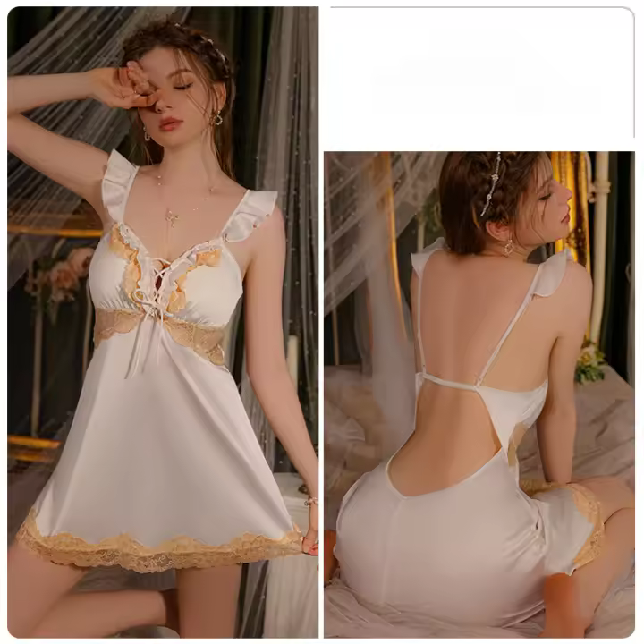 Reunión de corte bajo de satén sedoso más almohadilla para el pecho puro deseo sin espalda liguero camisón bata conjunto de ropa de estar - 1