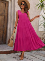 Vestido Boho sin Mangas de Verano 2024 Cuello en V, Color Sólido, Vestido de Flecos en Capas - details 11