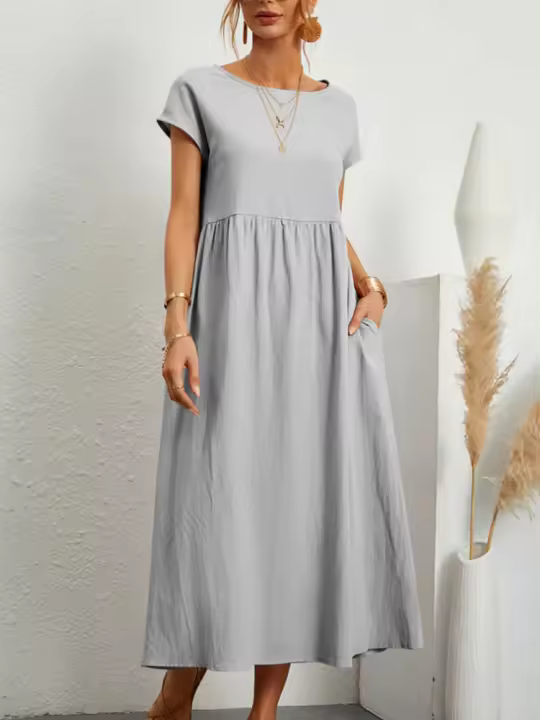 Elegante Vestido Maxi de Verano Manga Corta, Cuello O, Estilo Harajuku Vintage, Vestido Largo de Lino y Algodón con Bolsillos Y2K - 1