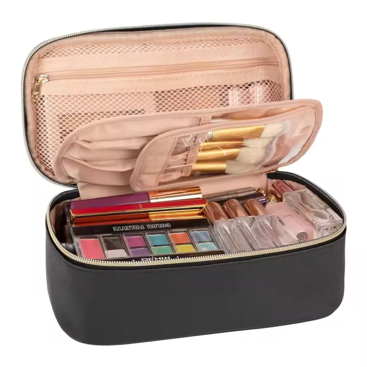 Bolsa de cosméticos pequeña y portátil para mujer y niña, organizador de brochas de maquillaje, neceser de viaje bonito, color negro - 1