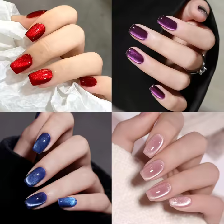 Uñas postizas cuadradas cortas brillantes, polvo de tono de piel rojo, azul, Morado, phantom, purpurina, Ojo de Gato, 96 piezas en 4 cajas - 1