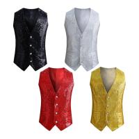 Chaleco de hombre con lentejuelas brillantes, sin mangas, ajustado, de un solo pecho, con cuello en V, chaleco Formal para hombre, traje ajustado con decoración de lentejuelas - details 17