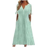 Elegante Vestido de Manga Corta con Cuello Redondo Color Sólido, Moda Casual con Bolsillos y Botones - details 5