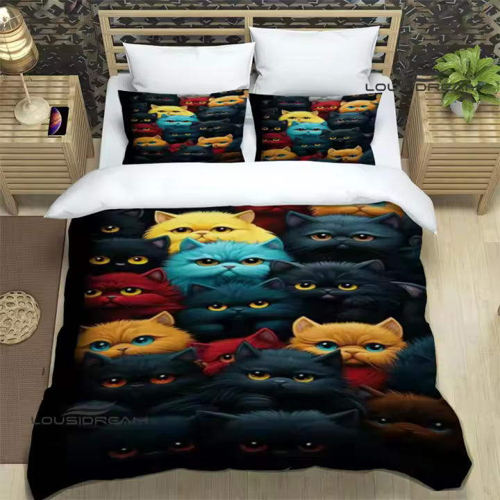 Exquisito Juego de Ropa de Cama de Gato 3D Cubierta de Edredón, Cojín, Sábanas - 1