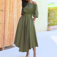 2025 primavera ropa de mujer europea y americana correa cintura temperamento vestido de hombro inclinado - details 5
