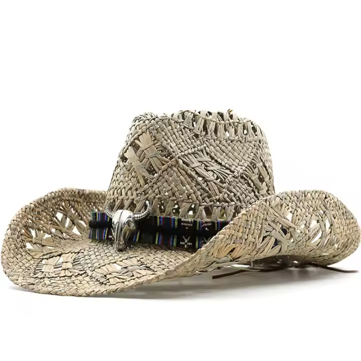 Sombrero de paja de vaquero del oeste de Panamá para hombre y mujer, gorra de Jazz de verano, a prueba de viento, con cuerda, sombreado, de ala ancha - 1