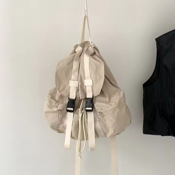 Mochilas con cordón de Color sólido, bolsos de hombro fruncidos ligeros de nailon, mochila escolar informal para estudiantes de gran capacidad para adolescentes - 1