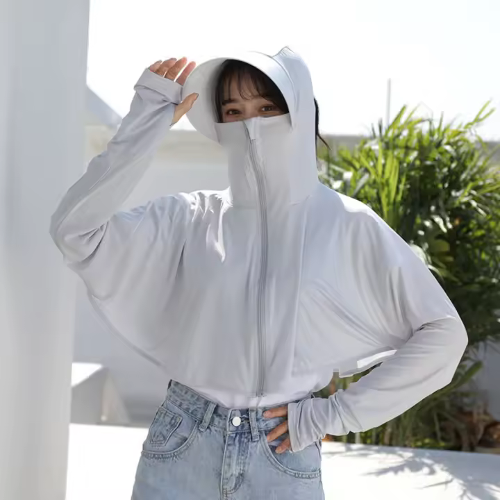 Sudadera de Protección Solar con Capucha Color Sólido, Sombrero de Ala Grande de Manga Larga, Ropa de Protección Solar con Máscara de Velo para Niña en Verano - 1