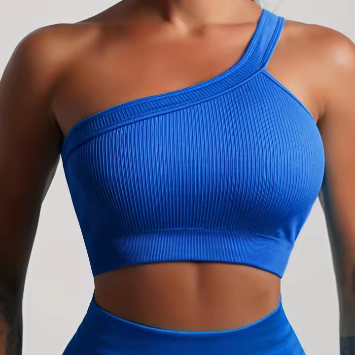 Sujetador Deportivo Para Correr De Un Hombro, Color Sólido De Secado Rápido Acanalado Transpirable, Entrenamiento De Yoga y Fitness - 1