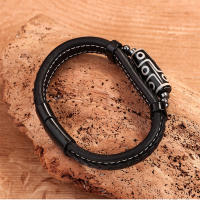 Brazalete Vintage Étnico para Hombre con Cuentas Dzi y Cuero Azul Marino, Pulsera Tejida a Mano con Simbolismo Tibetano, Joyería Masculina de Lujo, Regalos para Hombre, - details 5