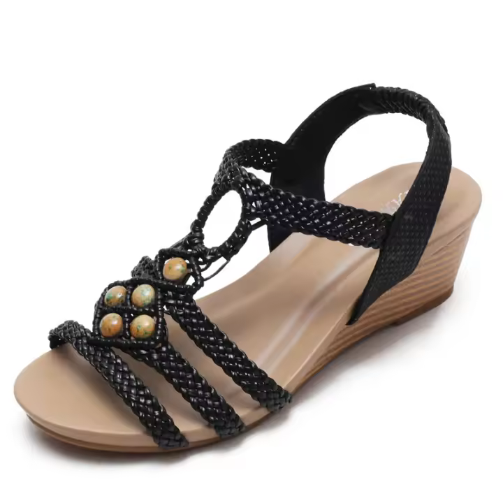 Sandalias de vacaciones de verano con tacón de cuña para mujer, zapatos romanos con cuentas tejidas retro para mujer - 1