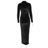 Vestido largo de terciopelo con cuello alto para mujer Vestido ajustado plisado con puntas divididas - details 14