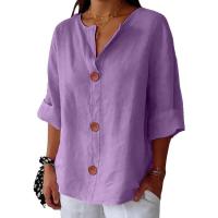 Camiseta de verano "Mujer 2025 con cuello en V, lino y algodón, holgada y transpirable, estilo boho-chic - Moda informal y elegante" "Mujer con cuello en V, algodón, transpirable, - Moda" - details 23