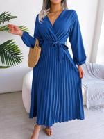 Vestido largo plisado con dobladillo grande para mujer, vestido cruzado de Color liso con cuello en V, moda de primavera y verano - details 20
