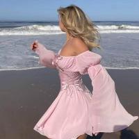 Mini vestido de gasa de hada rosa para mujer, corsé elegante con venta, vestido de verano de dama de honor con cuello con cuentas y manga larga vintage, - details 8