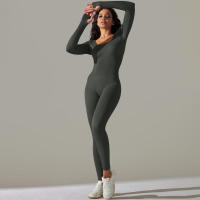 Ropa de una pieza con rosca, mono de Yoga sin costuras, Control de barriga, ropa de ejercicio de manga larga, elástico - details 1
